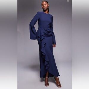 ASOS design long sleeve maxi dress with ruffled skirt in navy